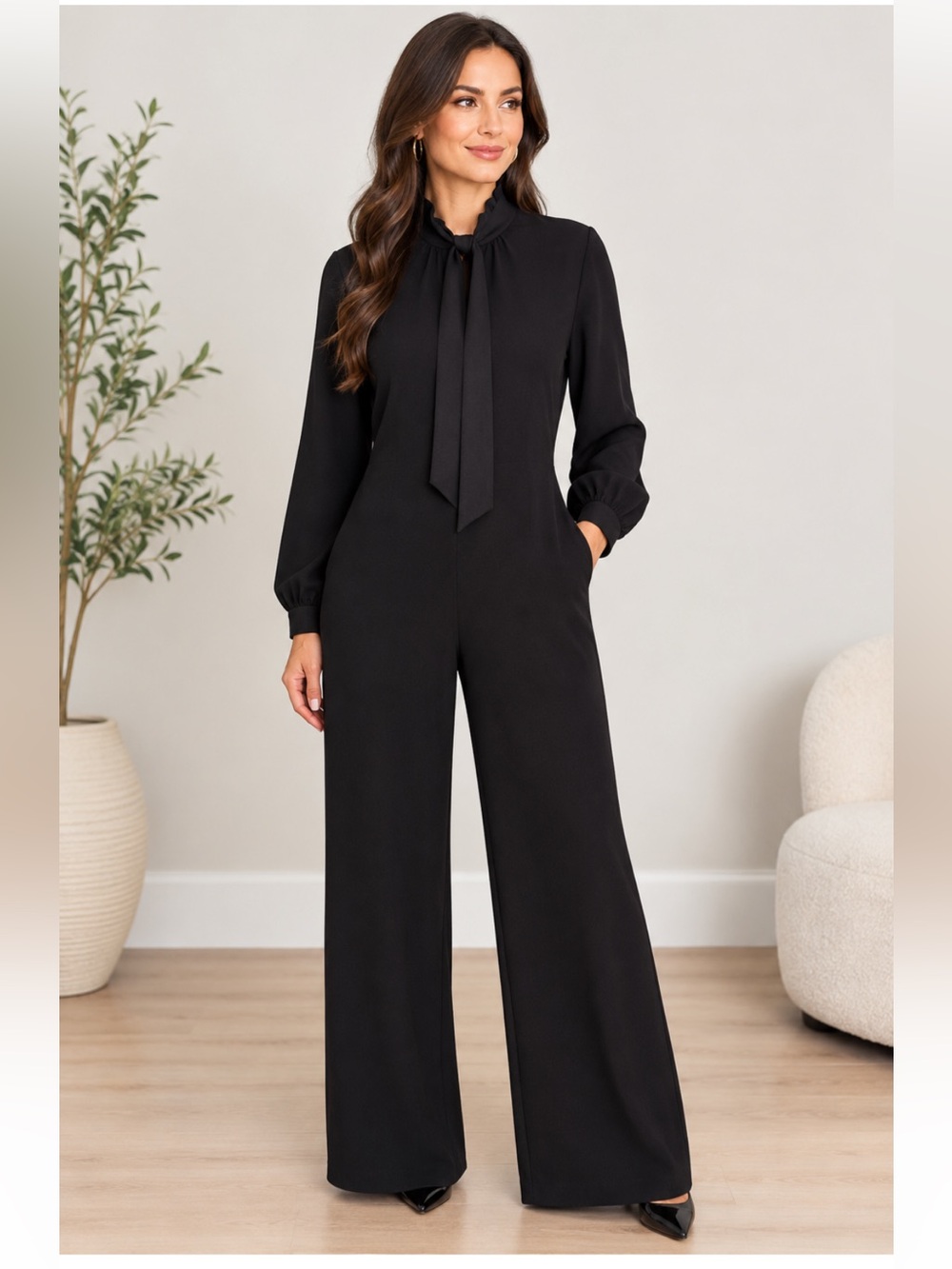 Lauren Ralph Lauren Black Label Jersey Knit Tie-Neck Jumpsuit Black Sz 12
